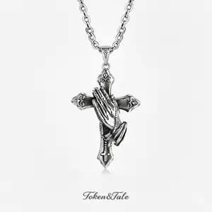 Timeless and classic stainless steel praying hand cross necklace, made of waterproof and colorfast silver, suitable for both men and women, and appropriate for various occasions.