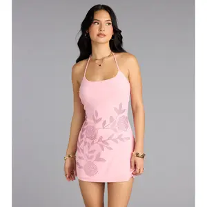 Rose Sparkle Rhinestone A-Line Mini Dress