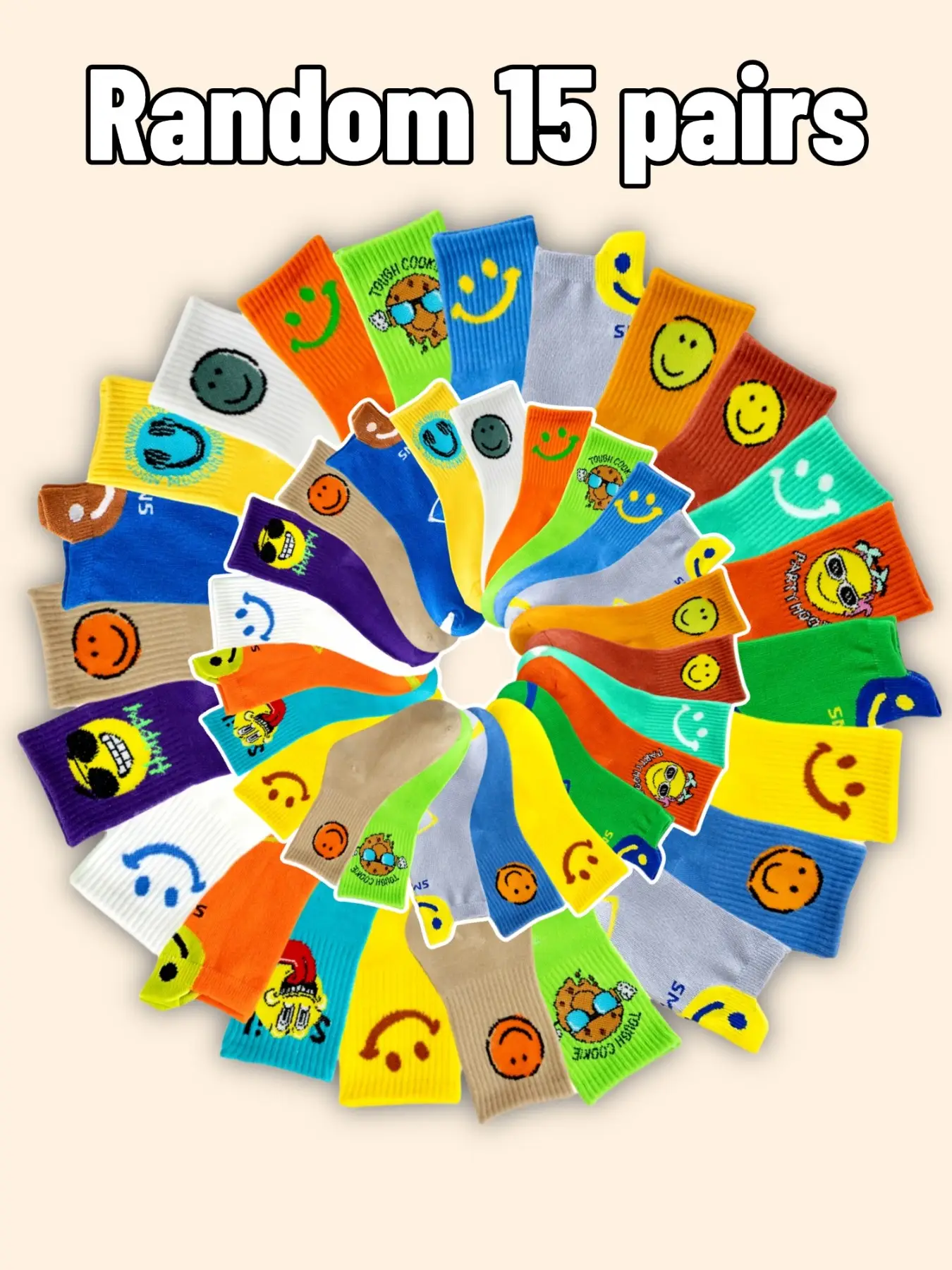 Random 15 Pairs Boys' Cartoon Expression Sports Socks, Soft Comfortable All-Season School Socks, Colorful Outdoor Running Socks