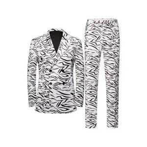 Men's Double-breasted Peak Lapel Suit - Black and White Striped Track Jacket and Trousers, Formal Tuxedo Jacket for Weddings and Business Occasions