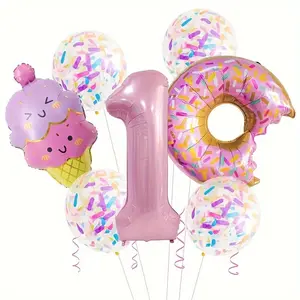 9-piece set, cute pink donut candy aluminum foil balloon set, ice cream 32 inch pink digital birthday party decoration scene decoration, photo props indoor decoration, outdoor decoration, summer gift anniversary supplies set