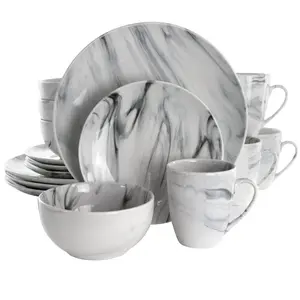 212 MAIN 16-Piece Glazed Marble-Look Stoneware Tableware Set, Microwave-Safe Dinner Set & Tableware Kit Including Dishes, Plates, Cutlery (Black & White), Dinner Sets