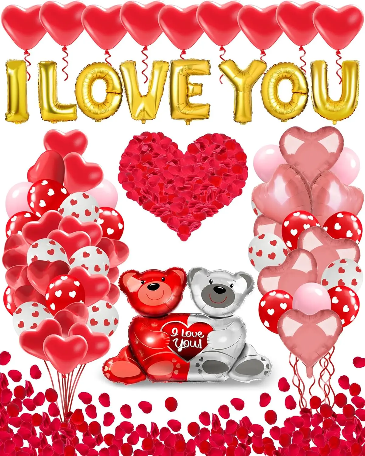 Valentines Balloon Kit Decor with I Love You Balloons, Heart Balloons with 1000 Pcs Silk Red Rose Petals for Valentines Day Decorations Romantic...