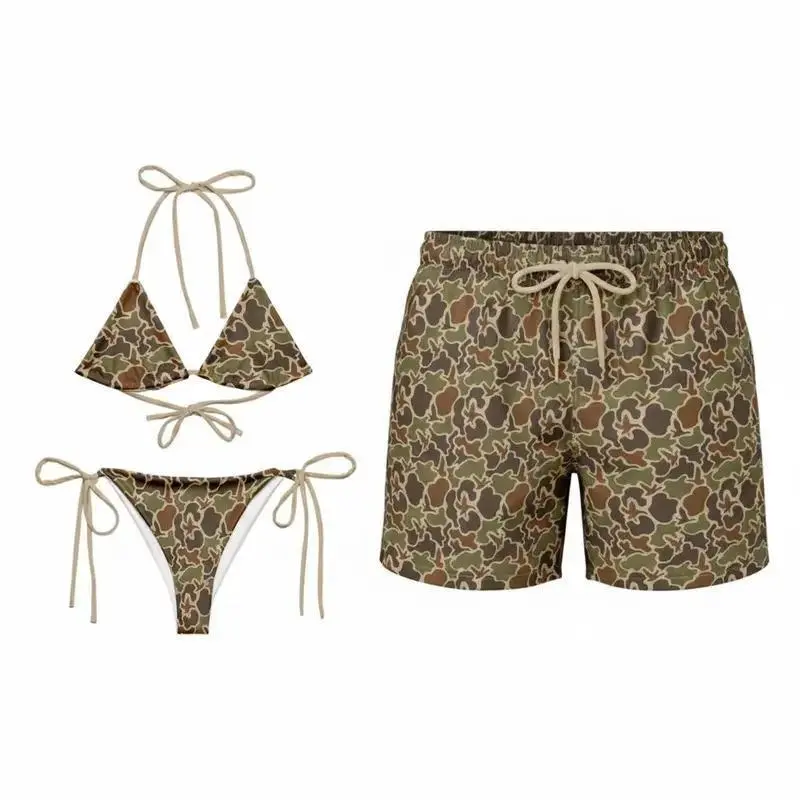 Matching Couple Camo Duck Print Swimwear Set for Couples -Swim Bra & Tie Side Thong Bikini + Men's Beach Shorts, Summer Vacation "