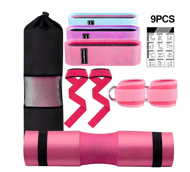 2-Pack KAMIDA 9-Piece Barbell Pad Sets for Hip Thrusts, Squats, Lunges & Leg Day Workouts – Includes 2 Barbell Pads, 4 Gym Ankle Straps, 6 Hip Resistance Bands, 4 Lifting Straps & 2 Carry Bags, Pink