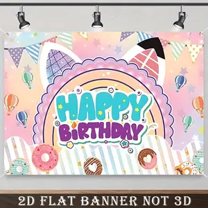 2D Flat Banner, 1pc Cute Cartoon Cat Happy Birthday Backdrop - Vibrant Polyester Photography Background with Balloons, Donuts & Stars, Perfect for Party Decorations and Photo Booth Props, Cat Lover Gifts