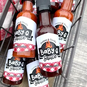 BabyQ Theme BBQ Sauce Bottle Favor Labels for Baby Shower - Personalized Mini Bottles with Red Gingham Pattern & Grill Flame Design - DIY Kit for Coed Couples Party Decor & Guest Favors