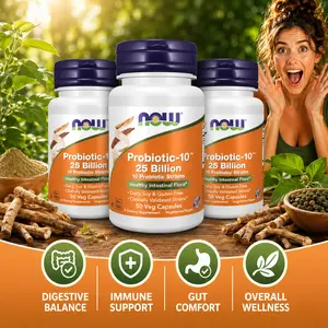Probiotic-10, 25 Billion CFU with 10 Probiotic Strains, Digestive & Gut Health Support, Dairy, Soy & Gluten Free, 50 Veg Capsules