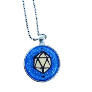 Sparkle Blue D20 Pendant Necklace with Glitter Accents and Silver Chain for Gamers and Collectors