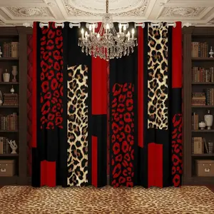 Women Red Cheetah Print Blackout Curtains Brown Red Geometric Leopard Curtains Abstract Animal Skin Texture Window Treatments Fashion Striped Cheetah Art Drapes 2 Panels