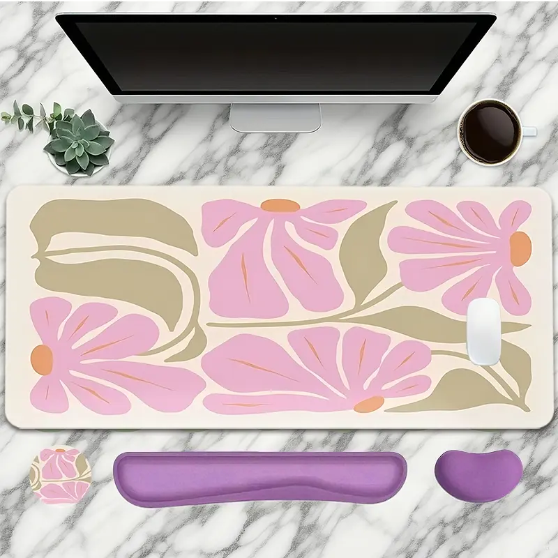 Floral Pattern Mouse Pad With Wrist Rest Set 4PC Large Gaming Mouse Pads Abstract Floral Illustration Art Mouse Pad For Desk XXL Non-Slip Rubber Base Desk Pad Keyboard Mat For Office Home Desktop Protector Decor Mousepad Desk Mat Mousepads Aesthetic Ideal