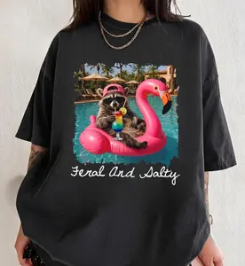 Raccoon Flamingo Float Shirt, Feral and Salty Tee, Summer Pool Party Shirt, Cute Animal Meme Tee, Beach Vacation Shirt