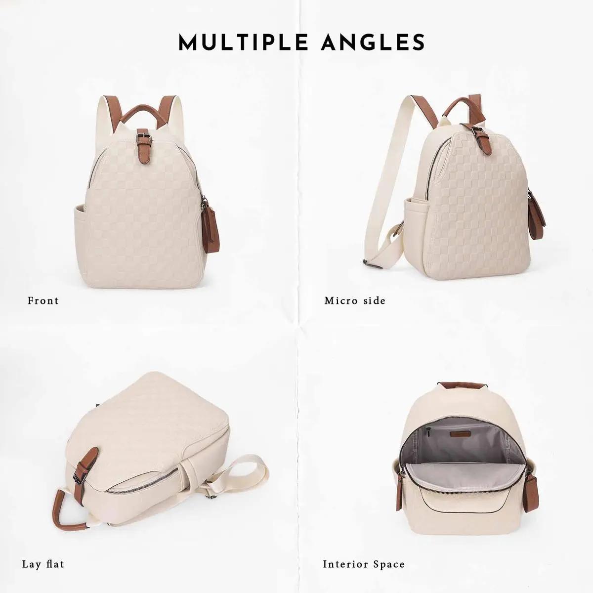 Women Cream Checkerboard Embossed Mini Backpack Purse, Casual Travel Daypack