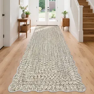 Garvee Imitation Braided Collection-Print Washable Runner Rug 2x8 Non Slip Bathroom Rug Scalloped Soft Farmhouse Throw Rugs Kitchen Runner Stain Resistant Carpet for Hallway Entryway Rugs