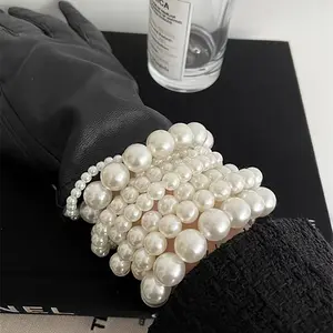 5pcs acrylic faux pearl bracelets, elegant French romantic set, vintage style multi-layer beaded stackable jewelry set, perfect gift for friends and family