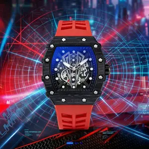 Men's Futuristic Cyberpunk Tonneau Watch Luxury Skeleton Dial Mechanical Style Sports Wristwatch with Breathable Silicone Strap Trendy Streetwear Fashion Watch for Men
