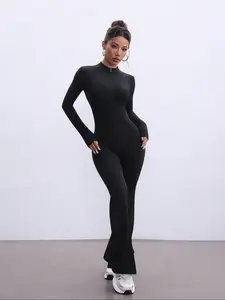 Women's Winter Casual Tight-Fit Jumpsuit, Plain Zipper Long Sleeve Romper, Below Ankle Flare Pants, Moderate Knit Fabric, Perfect for Cold Weather