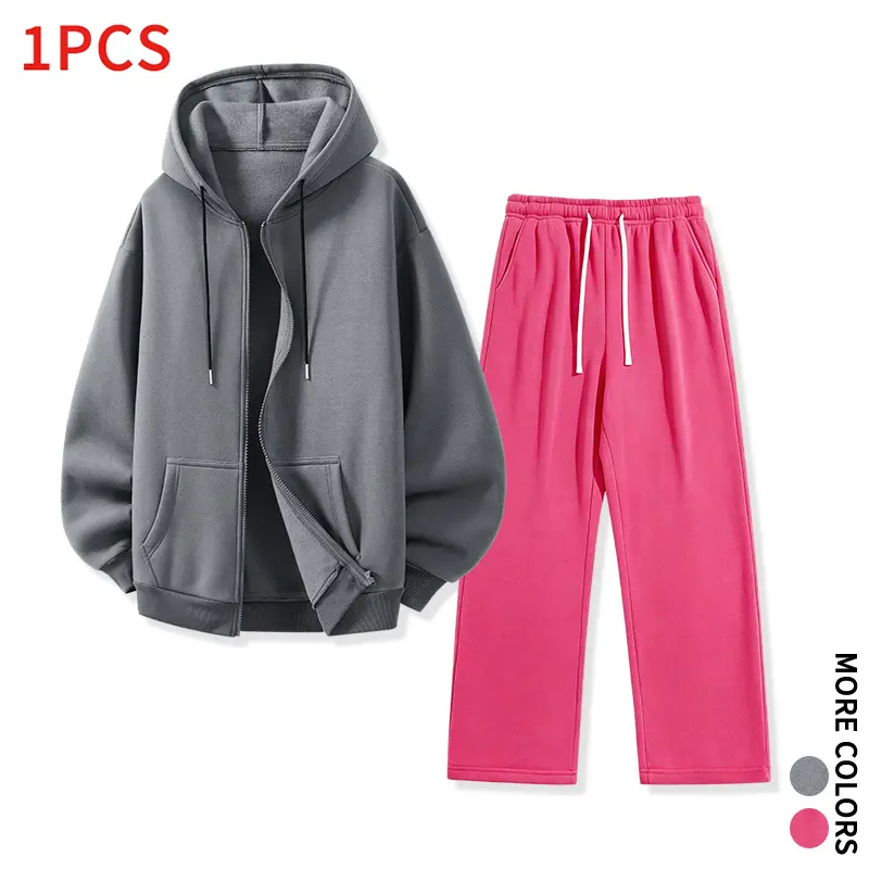 Seasonal Essential Solid Tracksuit Set Zip Hoodie & Wide Leg Sweatpants Men Daily Alternation Spring Autumn Wear Suit