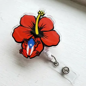 Flor de maga con coqui badge reel Puerto Rico ID holder