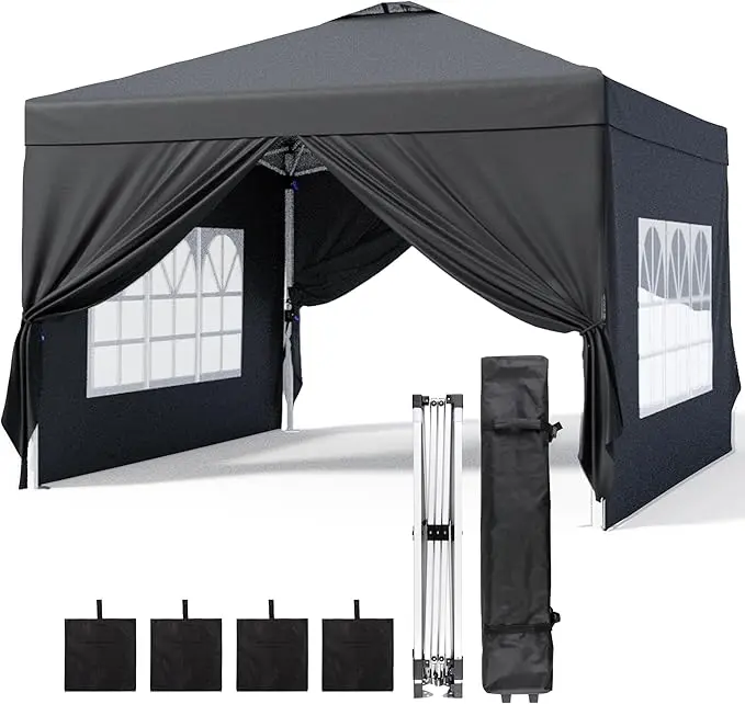 Gizoon 10x10 Pop-Up Canopy Tent with Removable Walls, 3-Height Adjustable Easy Set Up Gazebo, All-Weather Portable Canopy Tent for Camping, Beach & Tailgates (Black) Portable Folding Chair with Umbrella portable sun,summerwins
