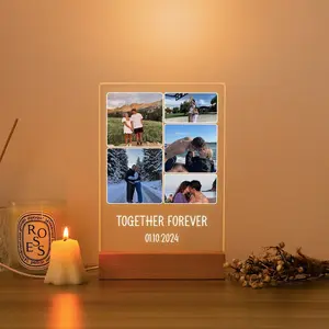Personalized Couple Photo Night Light: Customized Acrylic Plaque with Wood Stand Text - Perfect Valentine's Day or Anniversary Gift