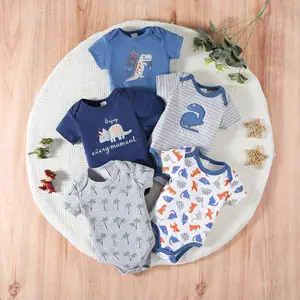 5-piece set of baby boy jumpsuit, baby cotton short sleeved dress, and essential clothing items suitable for baby boy's cartoon dinosaur sports style