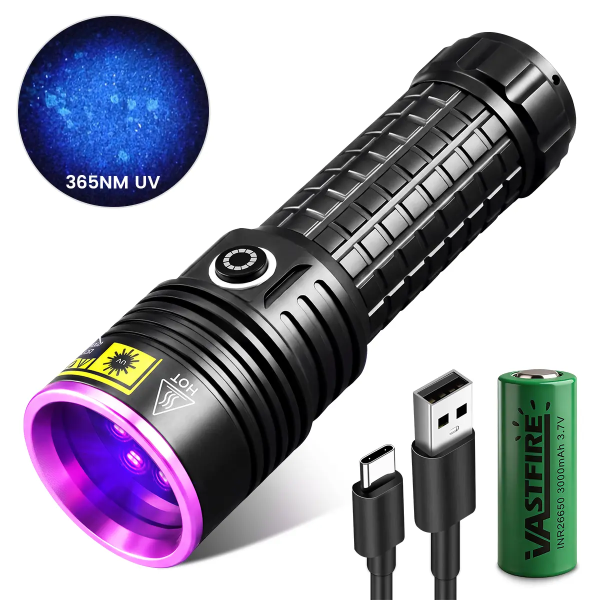VASTFIRE 30W 365nm High Power Torch - Aluminum Alloy 3 UV LEDs USB-C Rechargeable Compact Flashlight,  for Pet Urine Detection, Resin Curing, Minerals,  Scorpion Hunting, Rockhounding，Leak Detection, Counterfeit Bill Inspection