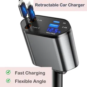 4 in 1 Retractable Car Charger, USB C Fast Charging Adapter with Lightning Cable Compatible with iPhone 16/15/14/13 Pro Max Plus, Samsung S23/S22/S10