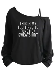 Plus Size Women's Loose-Fit Long Sleeve Cami Top, Asymmetrical Neckline, Letter Print, All Seasons, Sizes 1-8xl