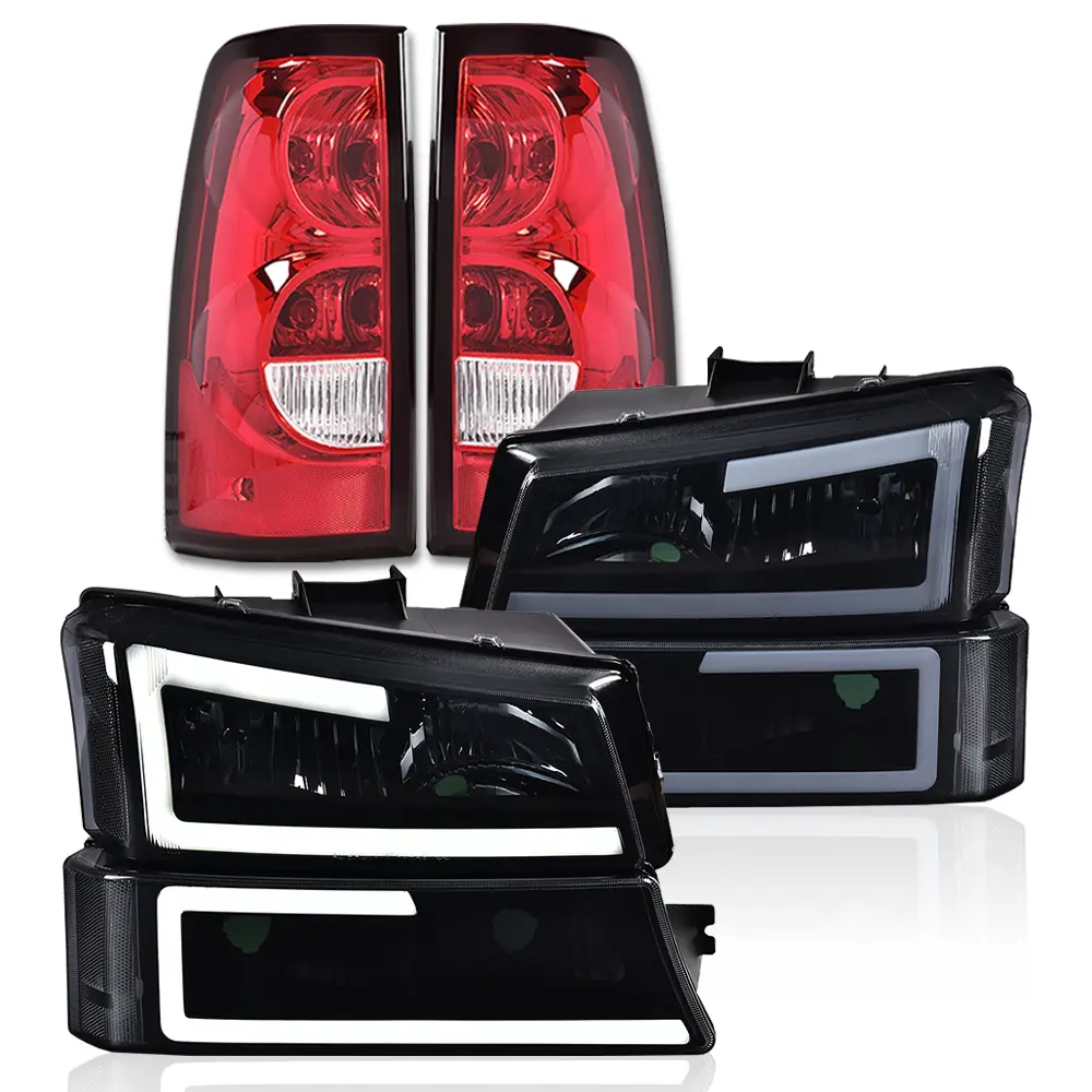 NEW Smoked Tinted LED DRL Headlights, Bumper Lights & Tail Light Assembly Upgrade Kit for 03-06 Chevy Silverado Custom Truck, Car Front Rear LED Lamp Parts