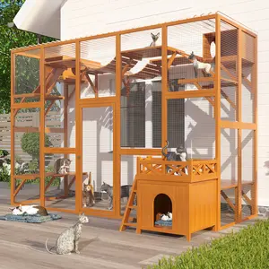 Weatherproof Catio Outdoor Cat Enclosure, Outdoor Cat house, Natural Wood Playground, Natural Wooden Cat shelter with Litter Box Kitten Enclosed