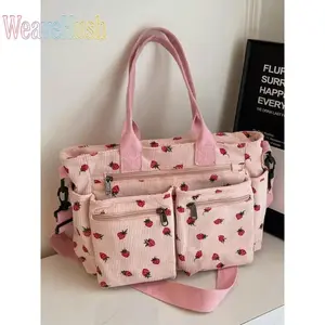 Cute Strawberry Print Canvas Tote Bag for Women, Large Capacity Aesthetic Shoulder Bag, Lightweight Durable Casual Everyday Handbag, Trendy Reusable Shopping Bag Perfect for School, Travel, Beach, Daily Commute & Outdoor Activities
