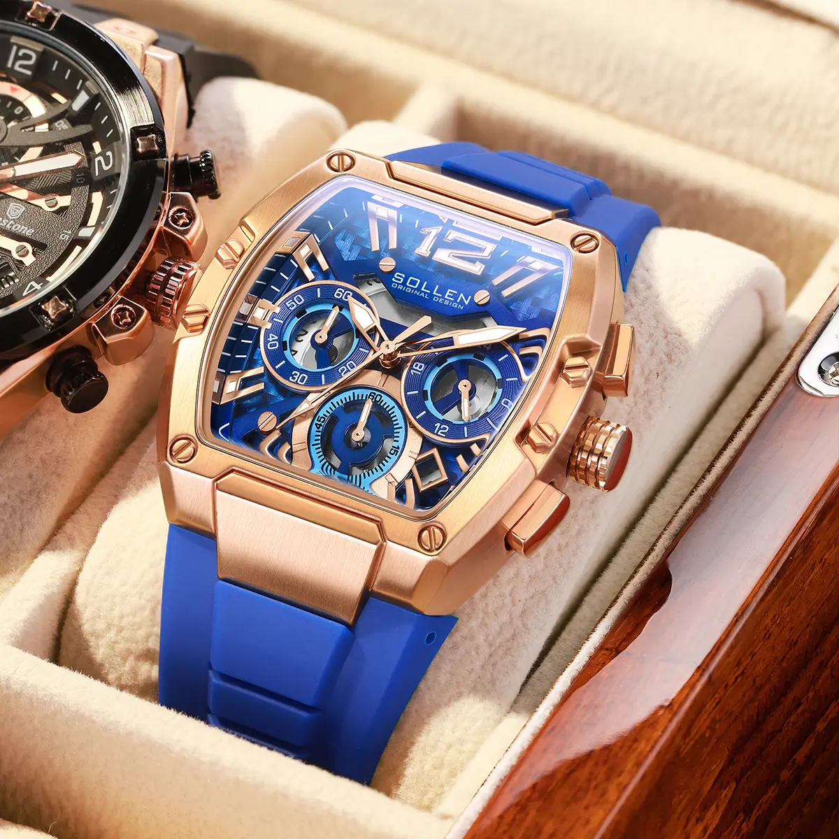 SOLLEN Men's Unique Tonneau Case Quartz Watch - 24H Chronograph & Calendar Multifunctional, Silicone Strap, Gifts for Birthdays (BF/Husband)/Valentine's/Father's Day/Weddings -719