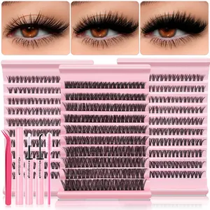 200pcs Individual Eyelashes Clusters with Glue & Tweezers | 8-16mm Natural D Curl DIY Lash Extension Kit Makeup Tools for Beginner - Reusable & Waterproof 3D Fluffy Mixed Style Cat Eye & Fox Eye Lashes