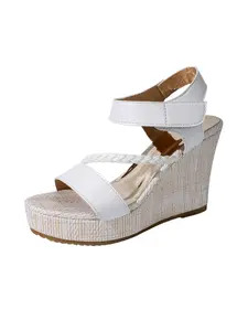 Women White Platform Wedge Sandals Braided Espadrille Sandals Ankle Strap Velcro Open Toe Summer Shoes Comfortable Lightweight Casual Beach Vacation Sandals