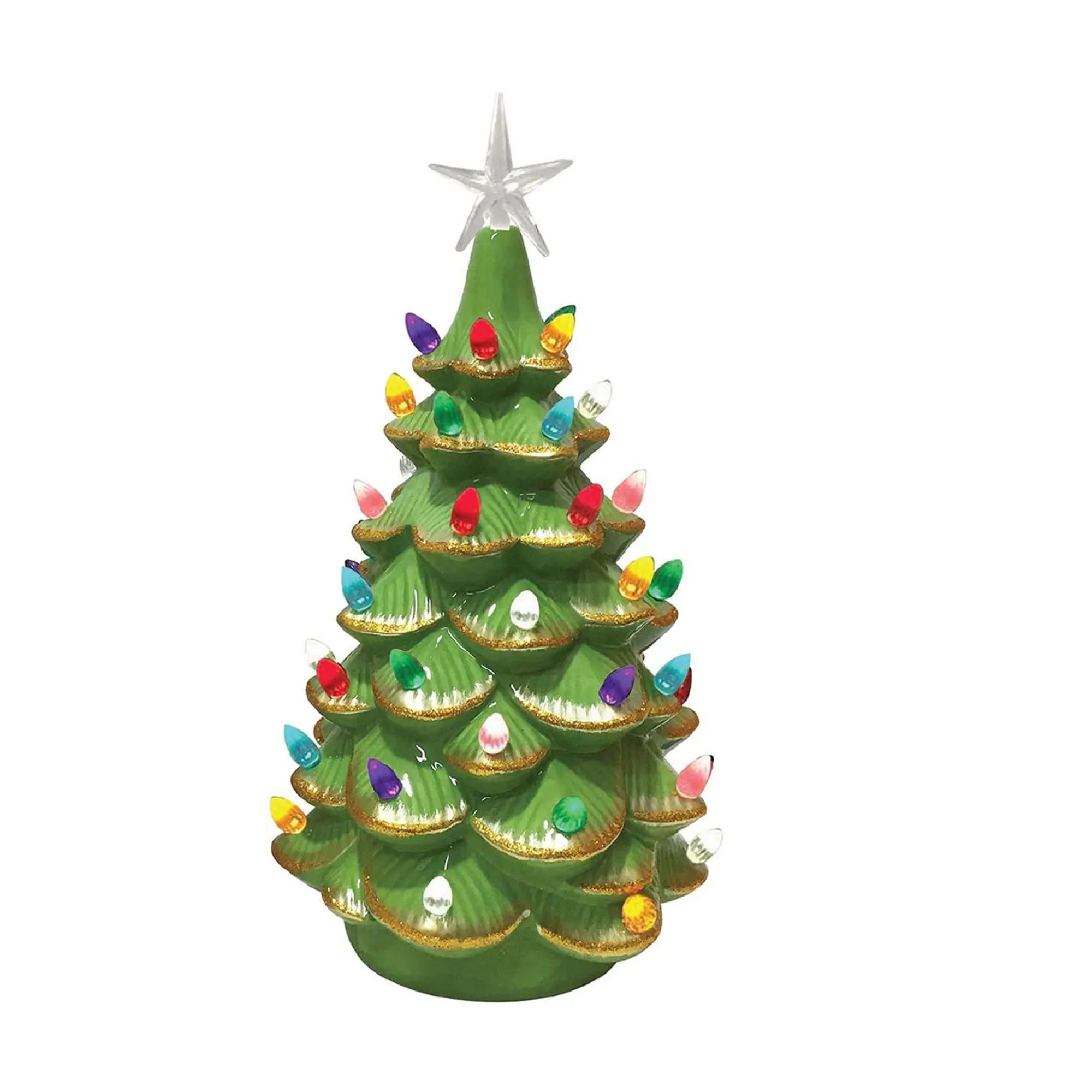 Santa's Workshop 14" LED light Green ceramic tr ee w/gold tips