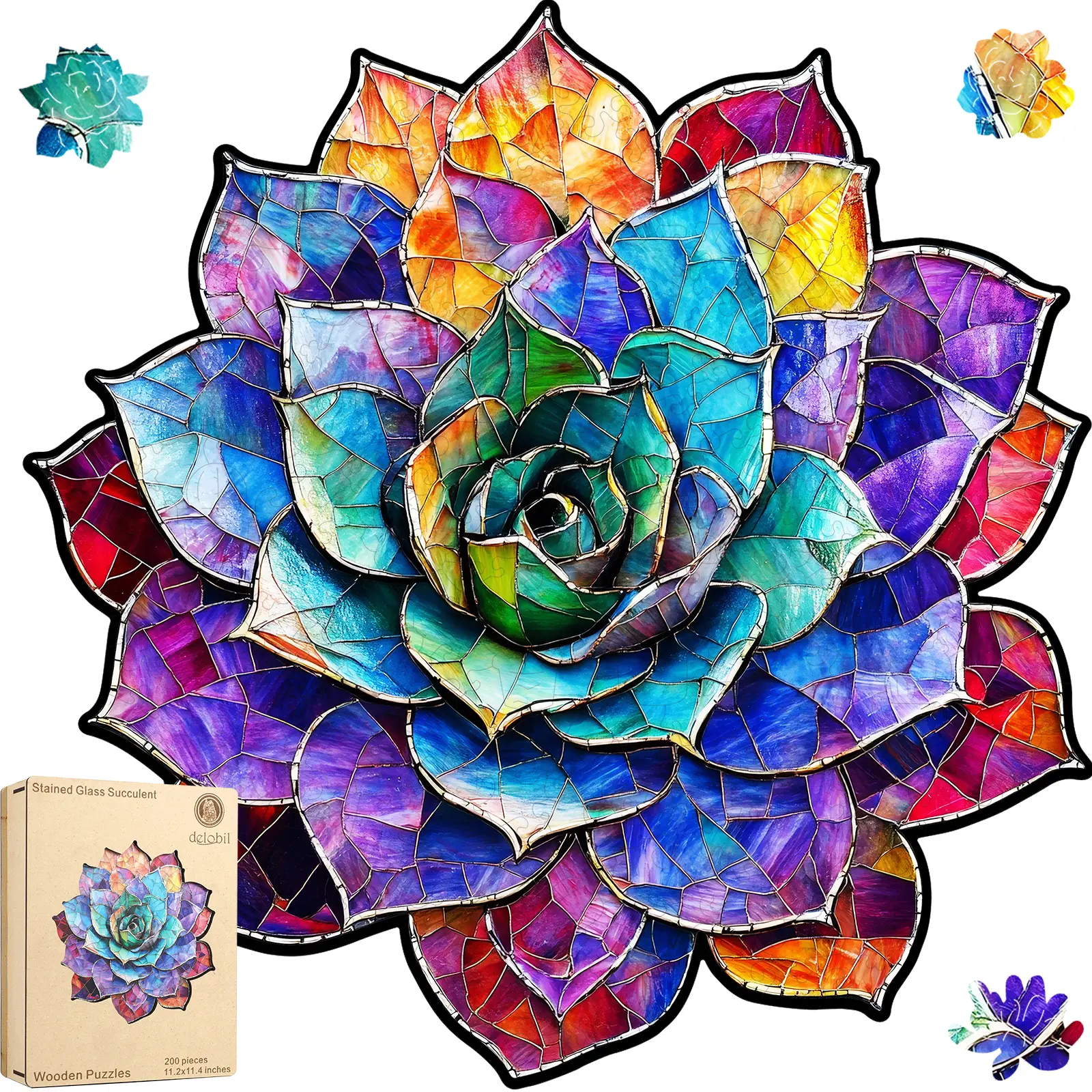 Birthday Gift / Toy/ Kidult Selected Gifts for Father's Day Delobil Premium Thick Puzzles for Adults with Puzzle Saver, Unique Adult Jigsaw Puzzles, Brain Teaser Family Game Gift, Leisure Time Fun Challenge & Stress Relief-Stained Glass Succulent-200pcs