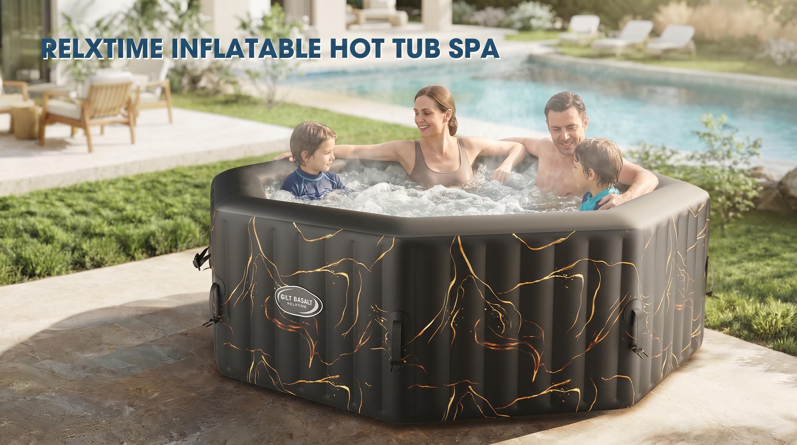 Relxtime Inflatable Hot Tub for 4-6 Person, Octagonal Portable Outdoor Spa with 130 Bubble Jets, Insulated Cover summervibes and Filters, Black Gold outdoorfun