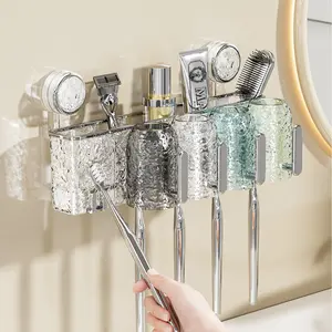 Strong suction cup toothbrush holder with 4 tooth cups, no drilling required, bathroom wall-mounted storage rack for storing toothpaste and razors, toiletries, bathroom storage solution
