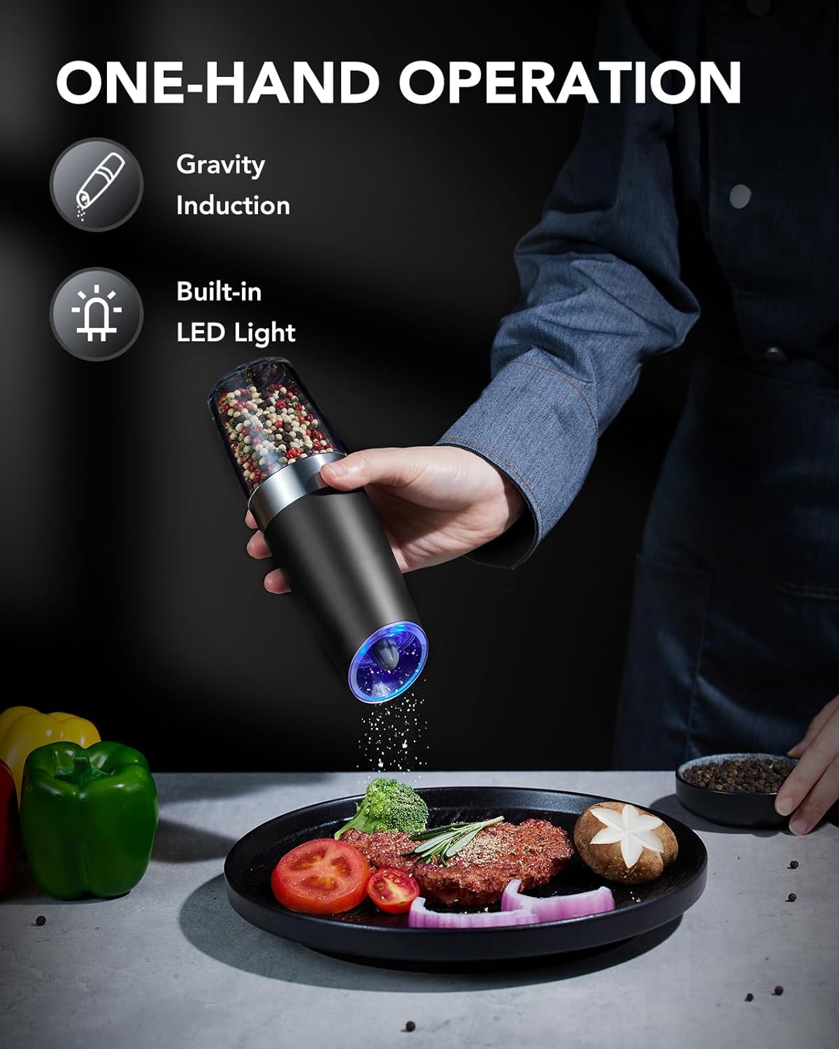 Gravity Electric Salt and Pepper Grinder Set with LED Light, Adjustable Coarseness, One Hand Operation, Upgraded Capacity Kitchen Seasoning Utensils Battery Powered Convenience