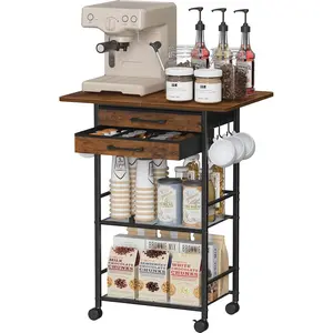 5 Tier Rolling Coffee Cart with 2 Large Drawers & Removable Dividers, Extra-Wide Coffee Bar Cart with Storage, Farmhouse Coffee Station Cabinet for Living Room, Kitchen, Office