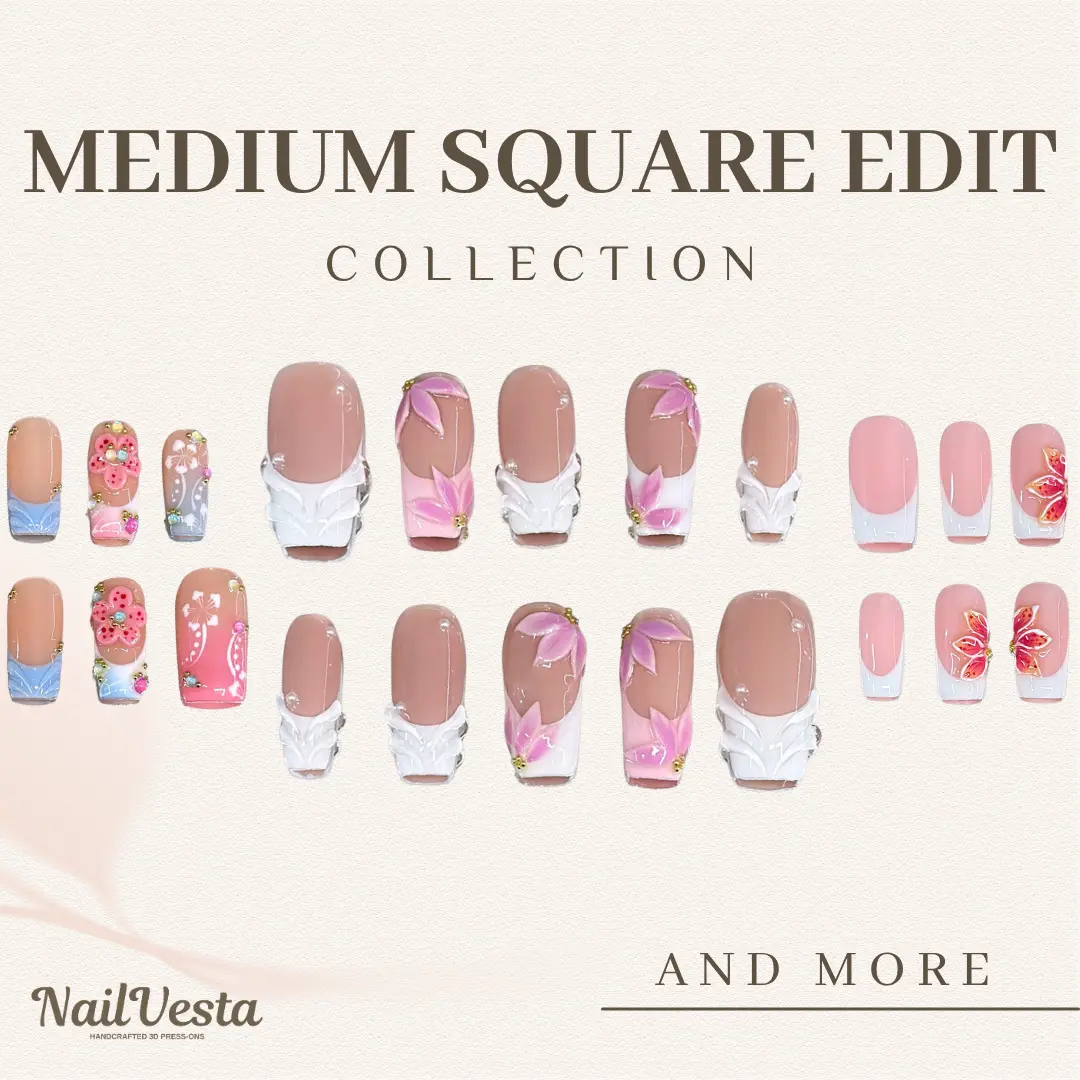 NailVesta MEDIUM SQUARE EDIT – 100% Handcrafted 3D Press-On Nails | Reusable, Long-Lasting, Salon-Quality