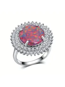 Silver Color Round Fire Opal & White Zirconia Halo Cocktail Ring for Women Unique Design Fashion Jewelry Wedding Gift for Her