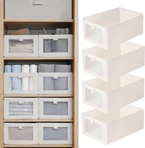 Linen Closet Organizers And Storage, 4 Pack Storage Bins Baskets for Organization Foldable Organizer with Clear Window Organizing Clothing, Jeans, Shelves