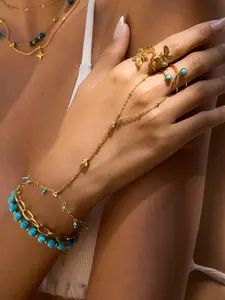 Women's Gold Bracelet Sweet and Simple Bracelet Exquisite Bracelet 18k Gold-Plated Waterproof Blue Natural Stone Bohemian Style Finger Bracelet Summer Essential Beach Travel Holiday Style Cross Chain Bracelet Cuban Chain Bracelet Exquisite Trendy Bracelet