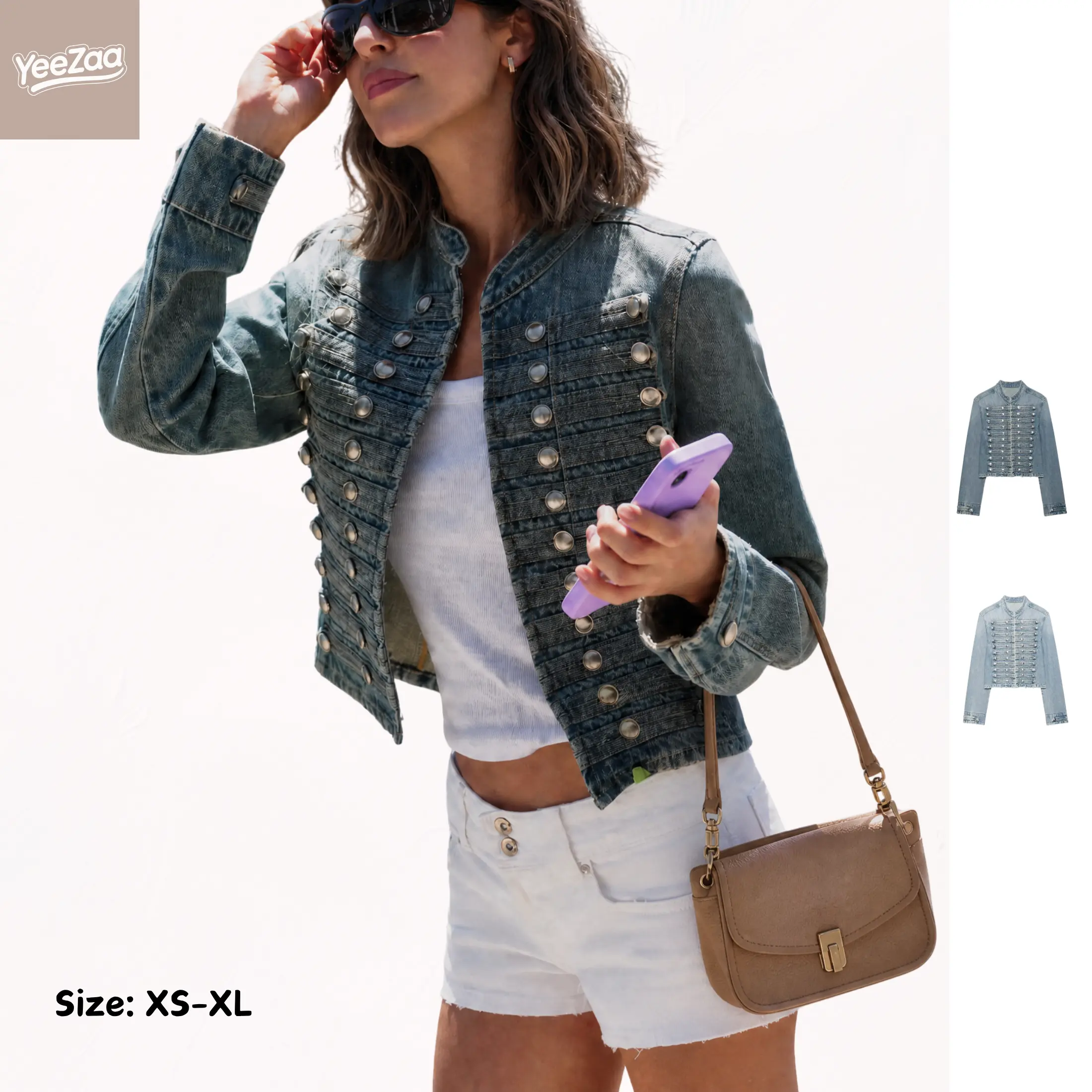 YeeZaa Cropped Denim Jacket for Women Fitted Military Jean Jackets Band Collar and Metal Hook Closure Outwear Double Breasted Jean Coat 2026 Spring Fall Trendy Coats
