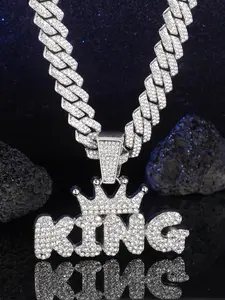 Hip Hop Punk Crown Letter King Pendant Necklace, Iced Out Bling-Bling Jewelry for Men Women, Street Style Daily Wear Gift, Birthday Gift Jewelry, Initial Letter Necklace
