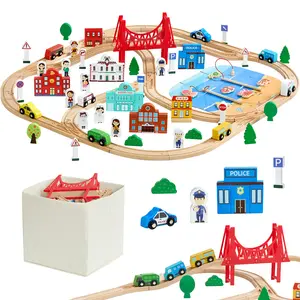VEVOR 113PCS Wooden Train Set, for Kids Ages 3-8, Wood Train Track Toy with Storage Box, City Scene Railway Playset, Compatible with Major Brands, Christmas Birthday Toy for Toddlers Boys and Girls