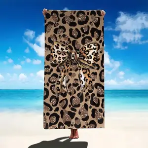 Leopard print bowknot glitter microfiber quick-drying beach towel, extra large size, thick, super soft, strong water absorption, quick-drying, durable, portable, suitable for summer beach vacations, swimming pools, and outdoor camping use