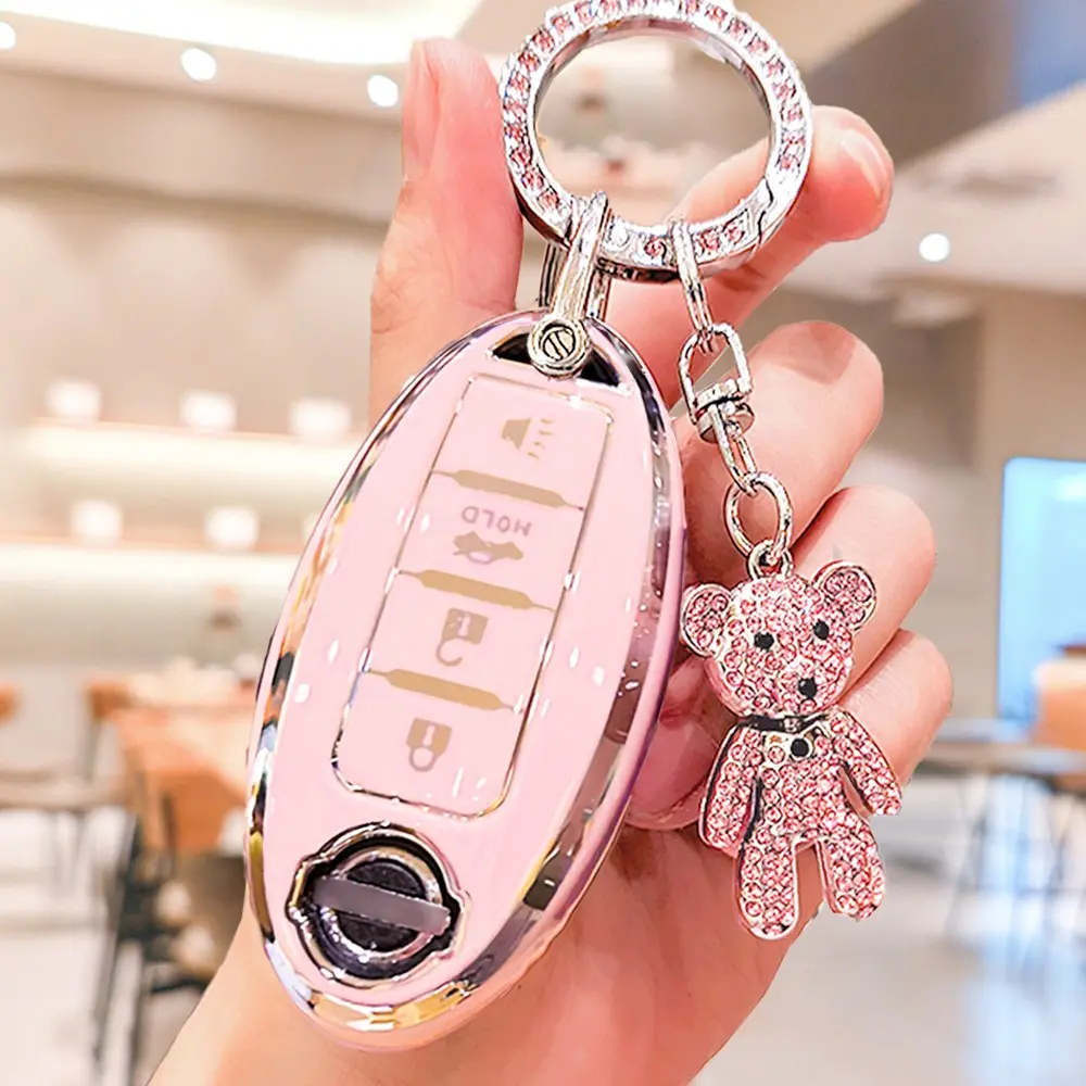 Nissan Keychain Protector Case with Bear Key Chain, Soft Tpu Material, Key Fob Protector, Key Fob Shell, Car Key Accessory, Fits Altima Sentra Maxima Rogue Armada Pathfinder Infiniti